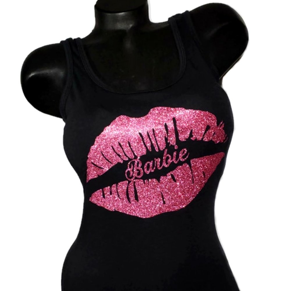 Sexy Barbie Lips on a black fitted Racerback Tank.